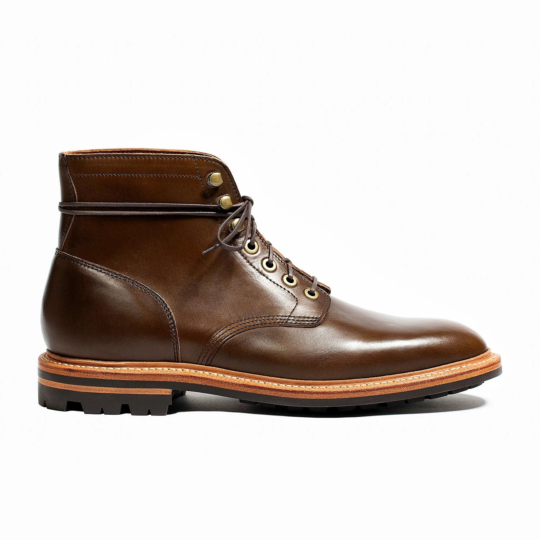 plain toe boot in Dark olive Chromexcel with antique brass eyelets and speed hooks