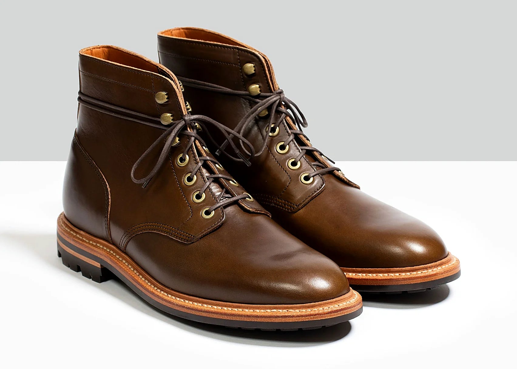 Dark olive Chromexcel plain toe boot with antique brass eyelets and speed hooks