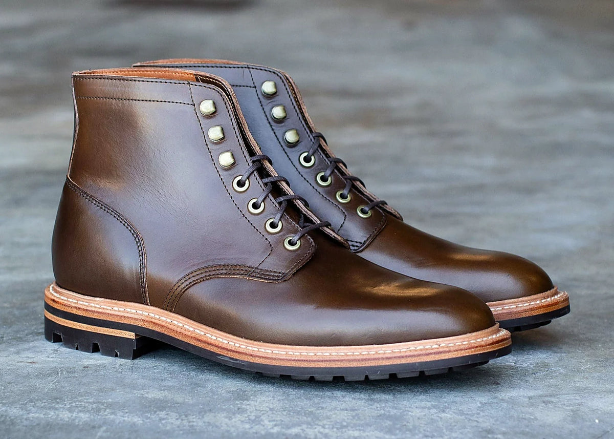 Goodyear welted plain toe boot in Dark olive Chromexcel, full-grain leather heel counters