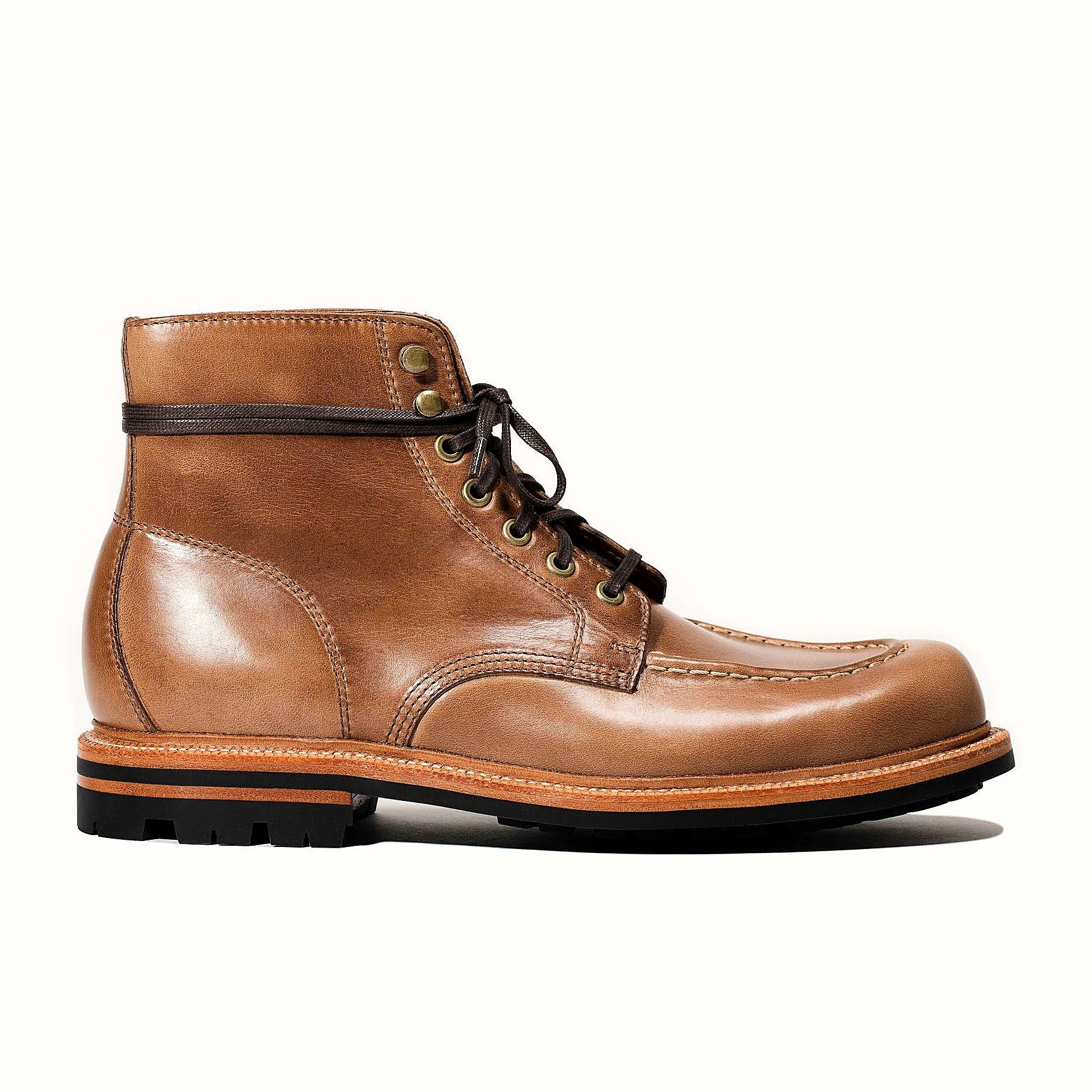 hand-sewn moc toe boot in Dune Chromexcel with antique brass eyelets and speed hooks