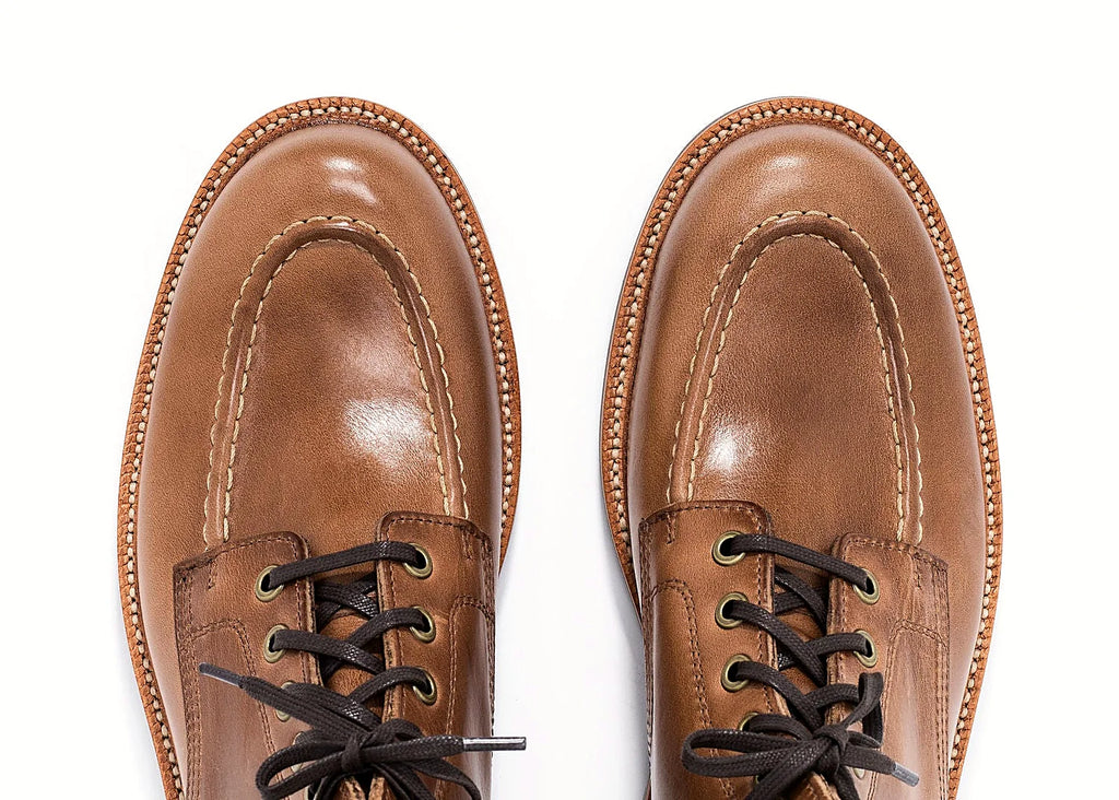 Dune Chromexcel hand-sewn moc toe boot with antique brass eyelets and speed hooks
