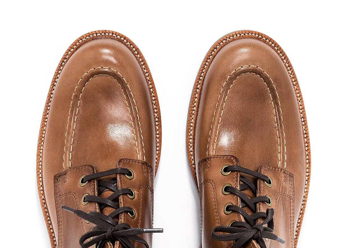 Dune Chromexcel hand-sewn moc toe boot with antique brass eyelets and speed hooks