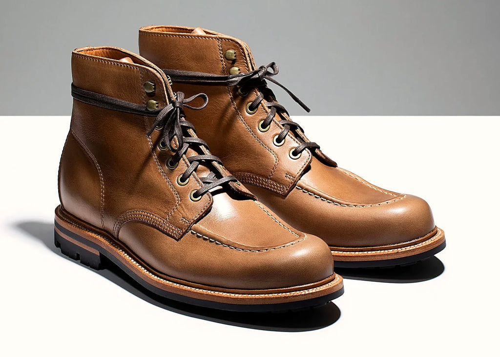 Dune hand-sewn moc toe boot in Chromexcel, set on a lug rubber outsole