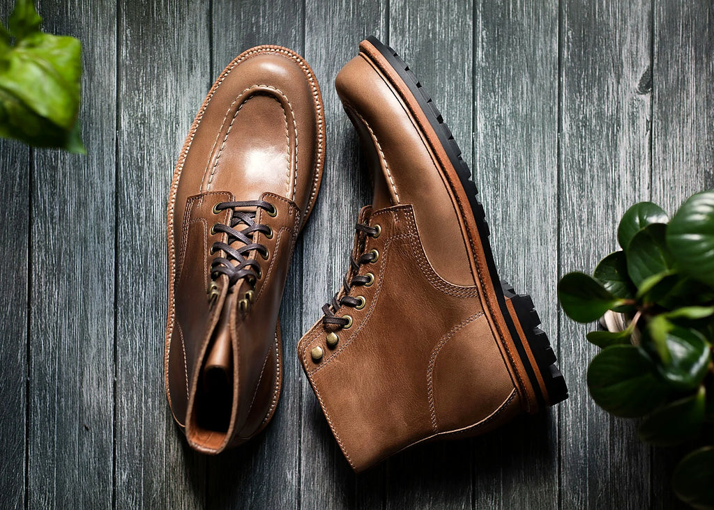 Goodyear welted hand-sewn moc toe boot in Dune Chromexcel, full-grain leather heel counters
