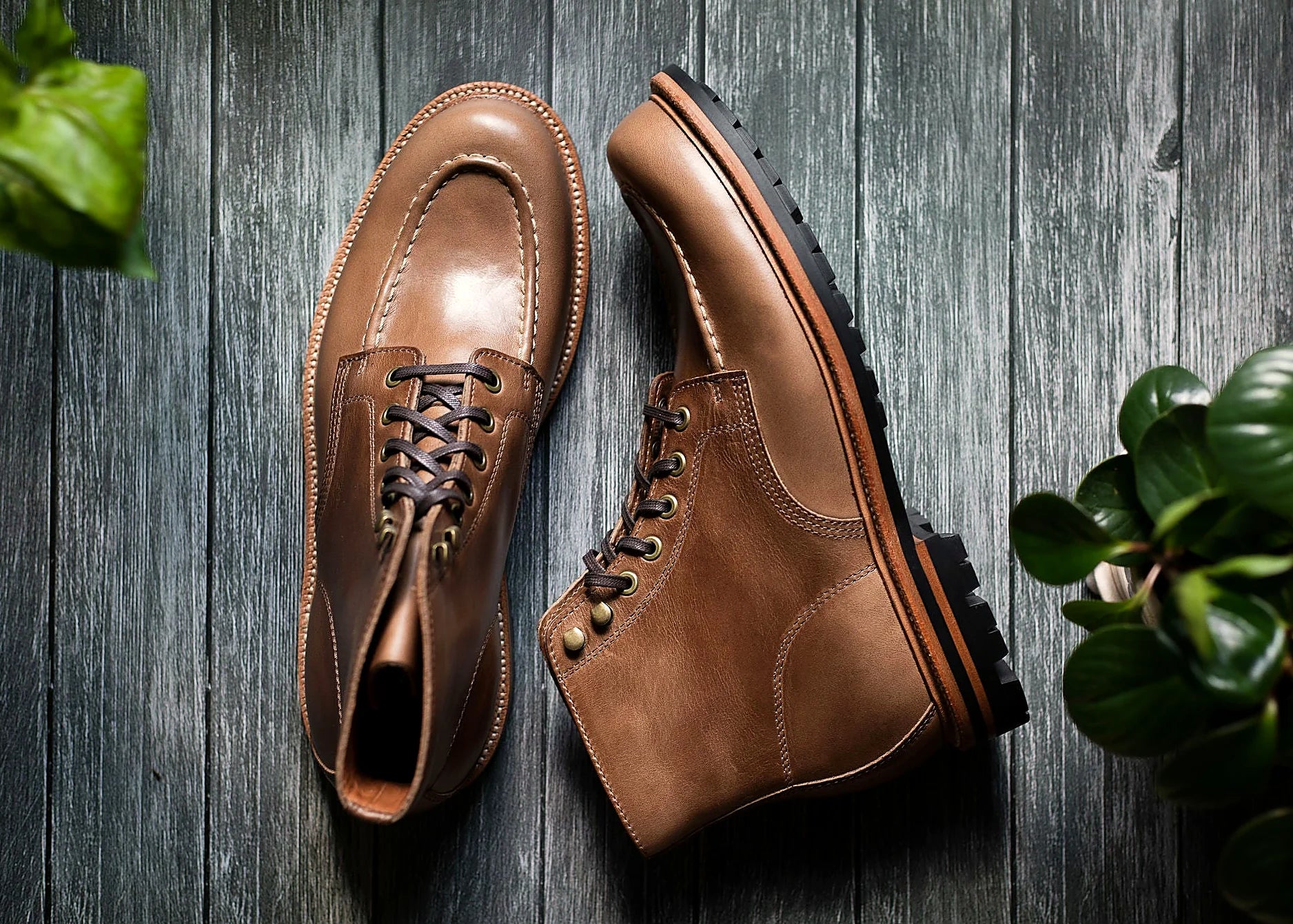 Goodyear welted hand-sewn moc toe boot in Dune Chromexcel, full-grain leather heel counters