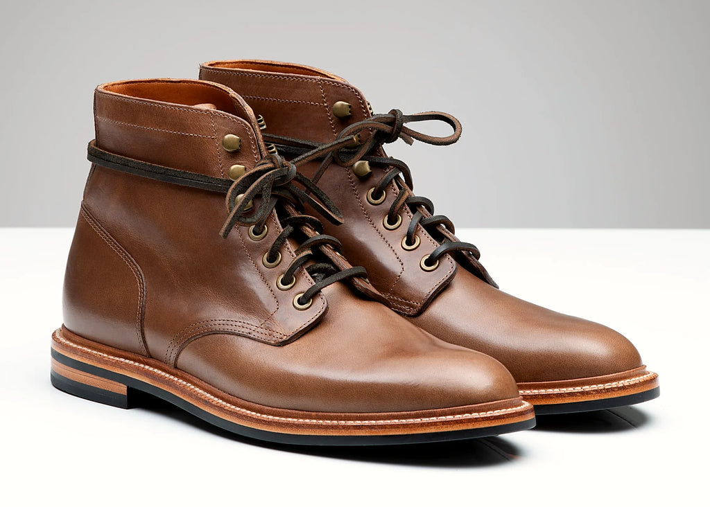 plain toe boot in Dune Chromexcel with antique brass eyelets and speed hooks