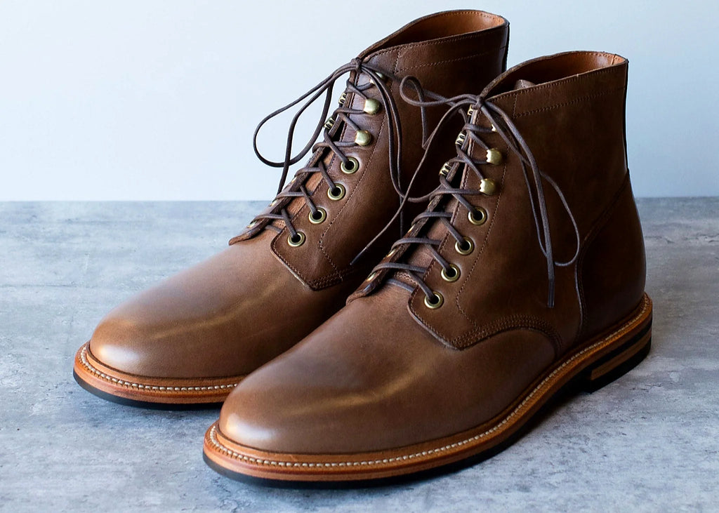 Dune Chromexcel plain toe boot with antique brass eyelets and speed hooks