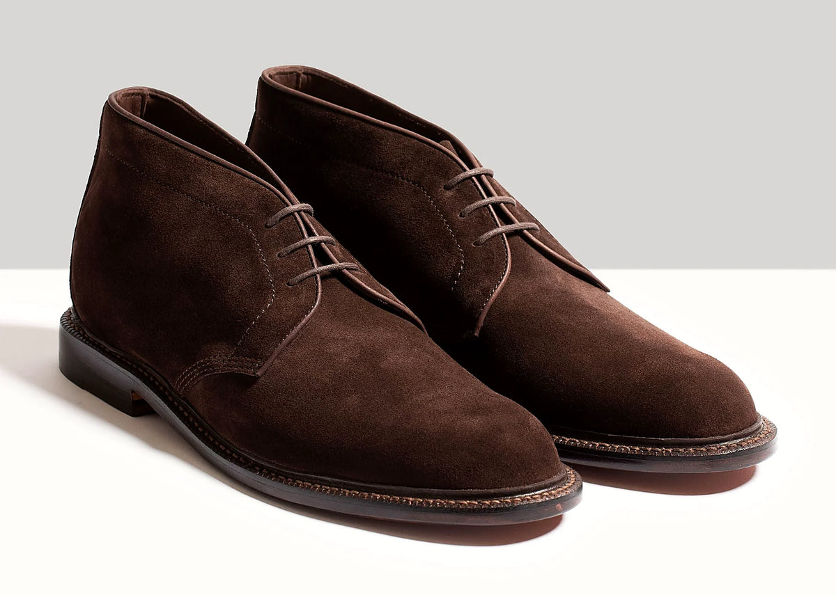 Espresso Janus Butt suede boot on an oil-dipped butyl leather outsole, cork filler over a steel shank