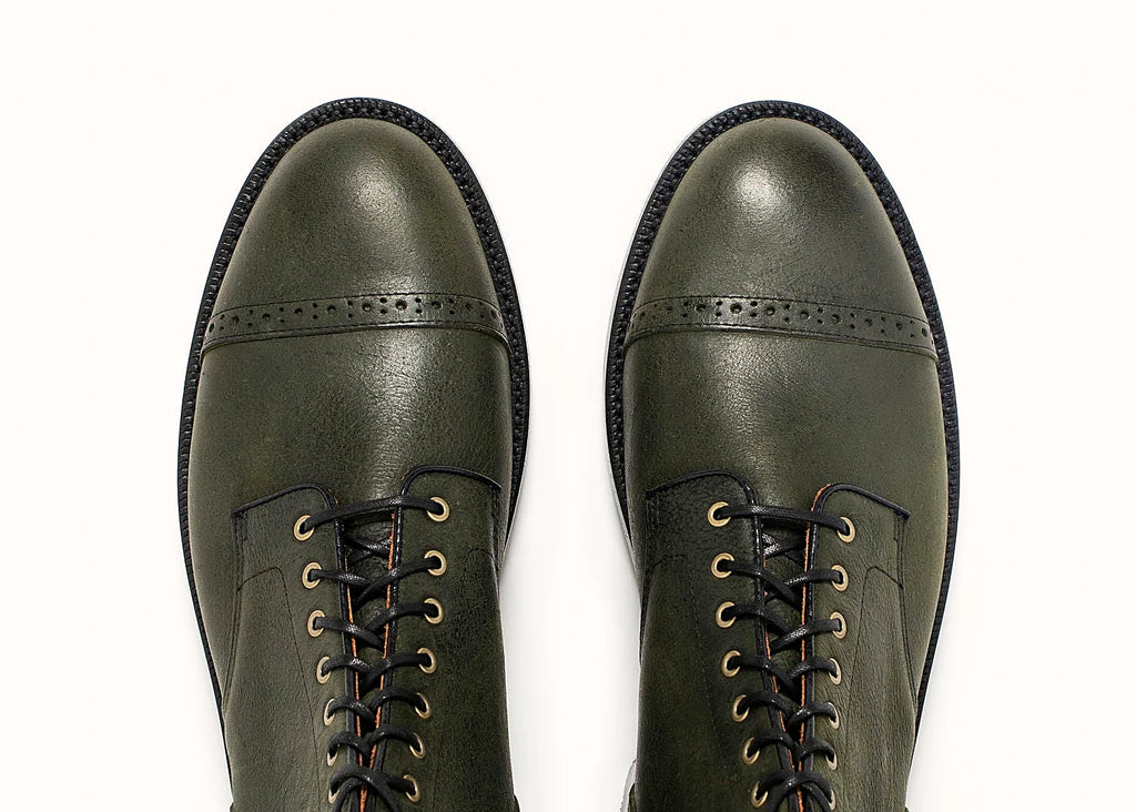 Goodyear welted perforated cap toe service boot in Forest green Kudu, full-grain leather heel counters