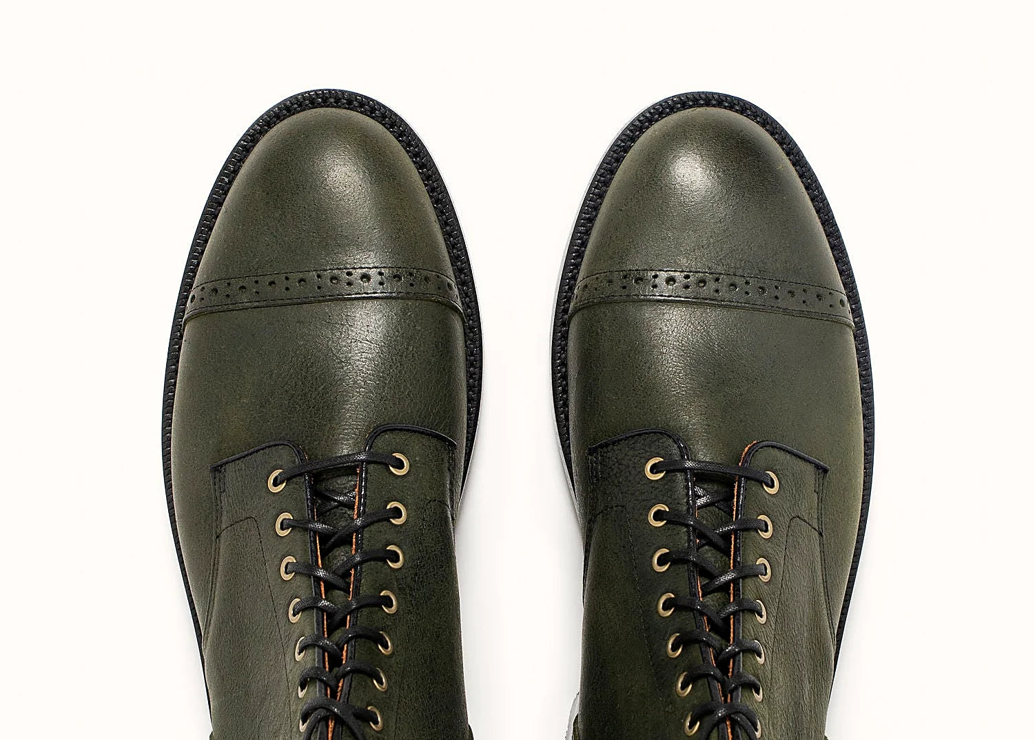Goodyear welted perforated cap toe service boot in Forest green Kudu, full-grain leather heel counters
