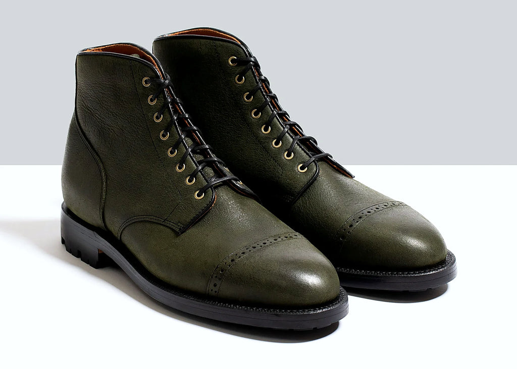 Kudu perforated cap toe service boot in Forest green, vegetable-tanned insole, welt and midsole