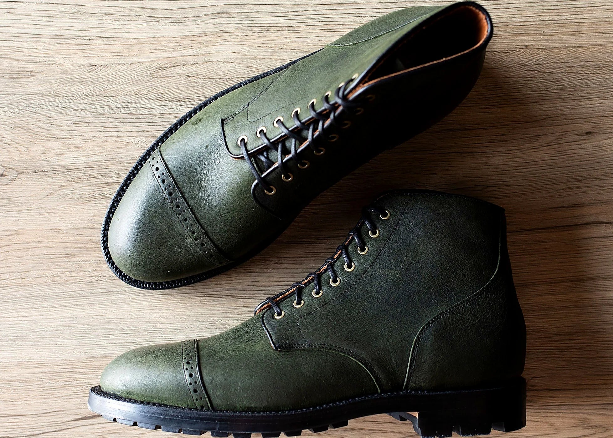 Forest green Kudu boot on a lug rubber outsole, cork filler over a steel shank