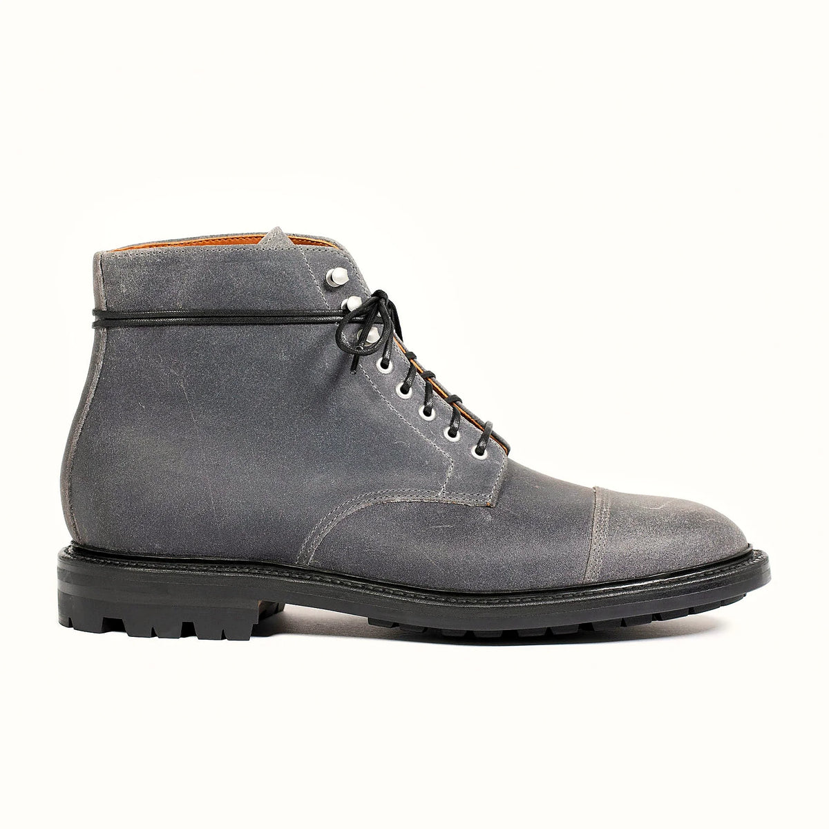 cap toe boot in Frost Waxed Commander with gunmetal eyelets and speed hooks