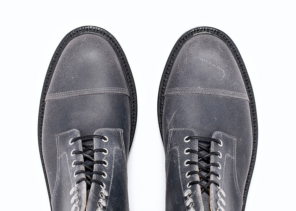 Frost Waxed Commander cap toe boot with gunmetal eyelets and speed hooks