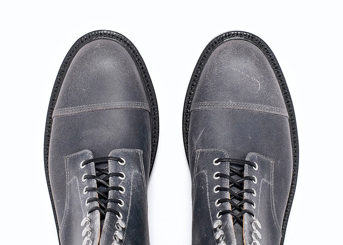 Frost Waxed Commander cap toe boot with gunmetal eyelets and speed hooks