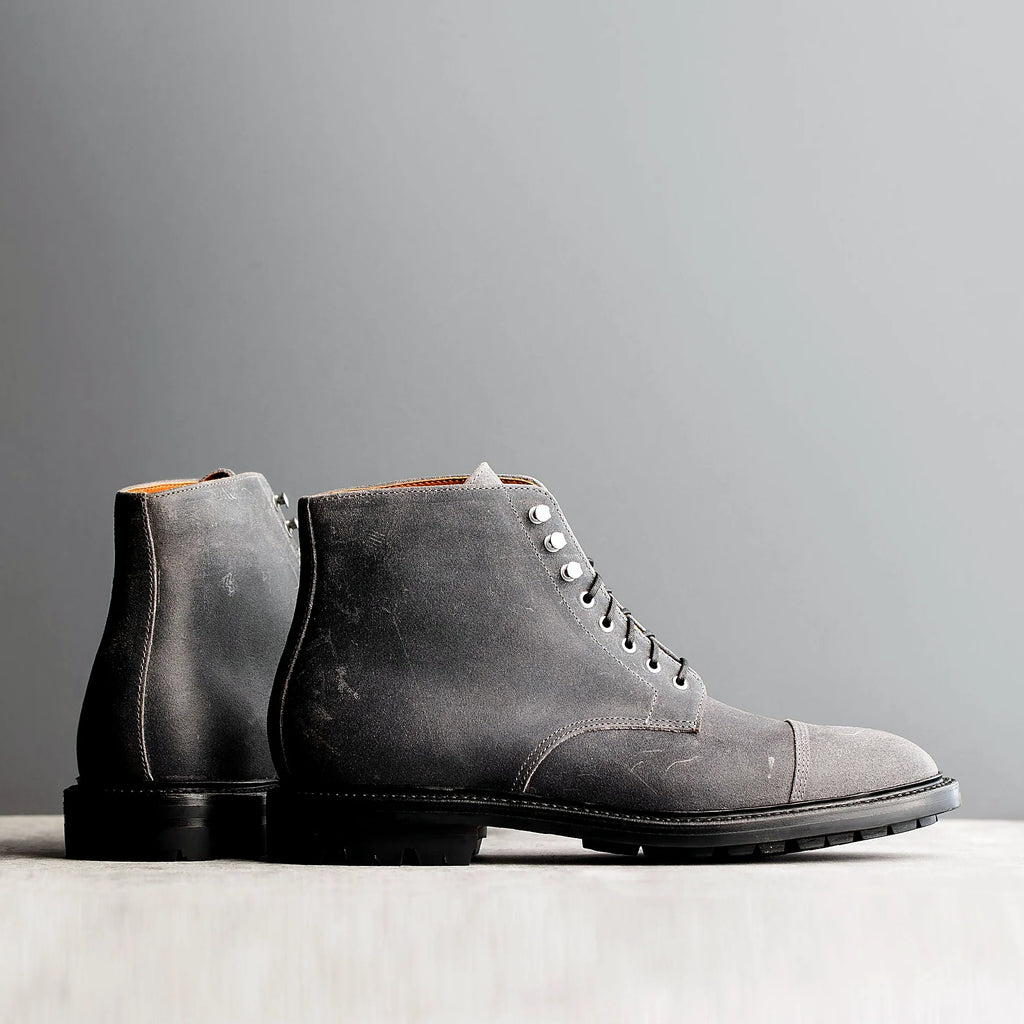 Goodyear welted cap toe boot in Frost Waxed Commander, full-grain leather heel counters