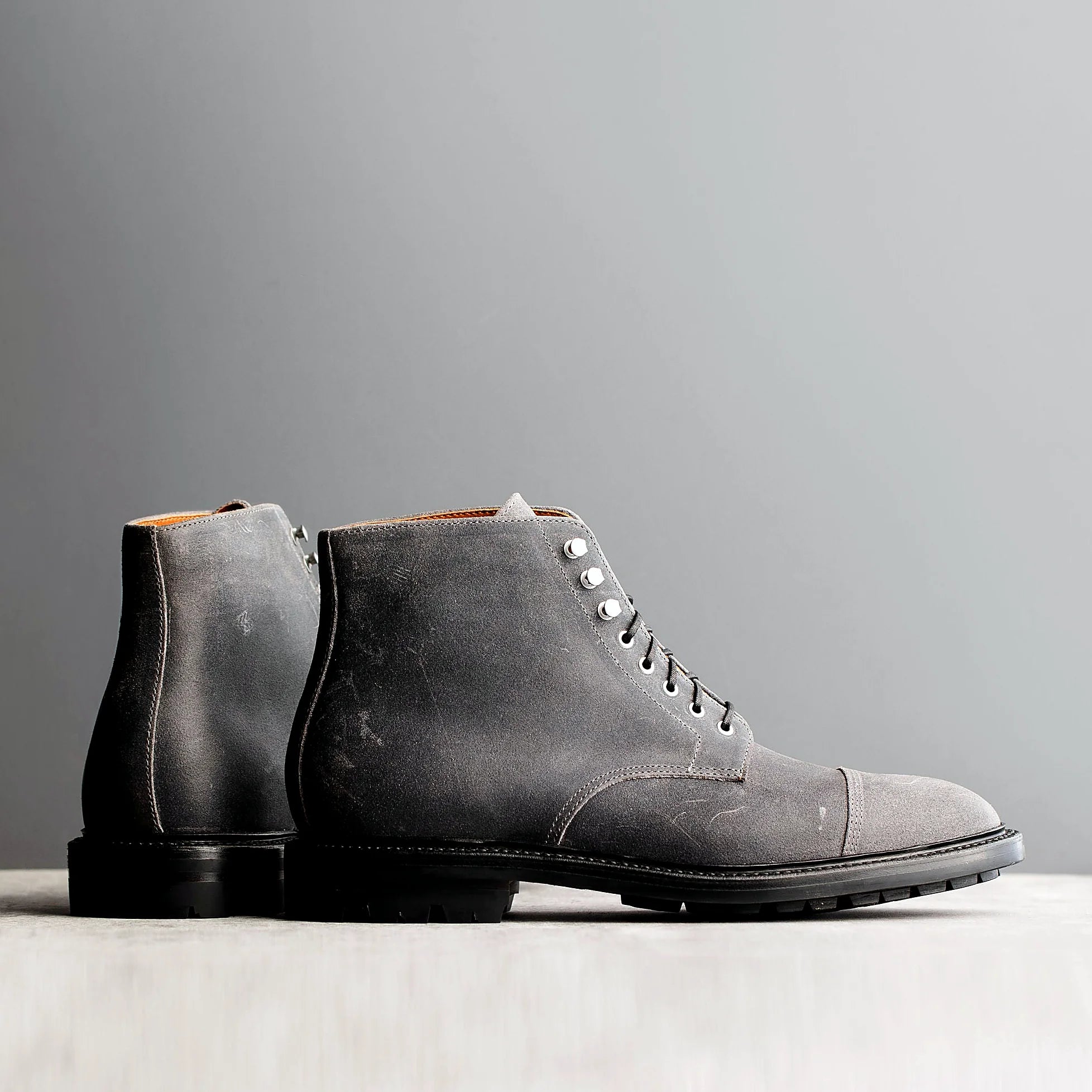 Goodyear welted cap toe boot in Frost Waxed Commander, full-grain leather heel counters