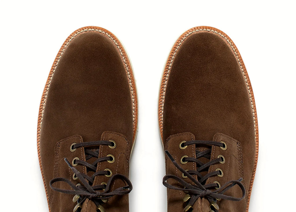 Goodyear welted lace-to-toe boot in Husk Repello suede, full-grain leather heel counters