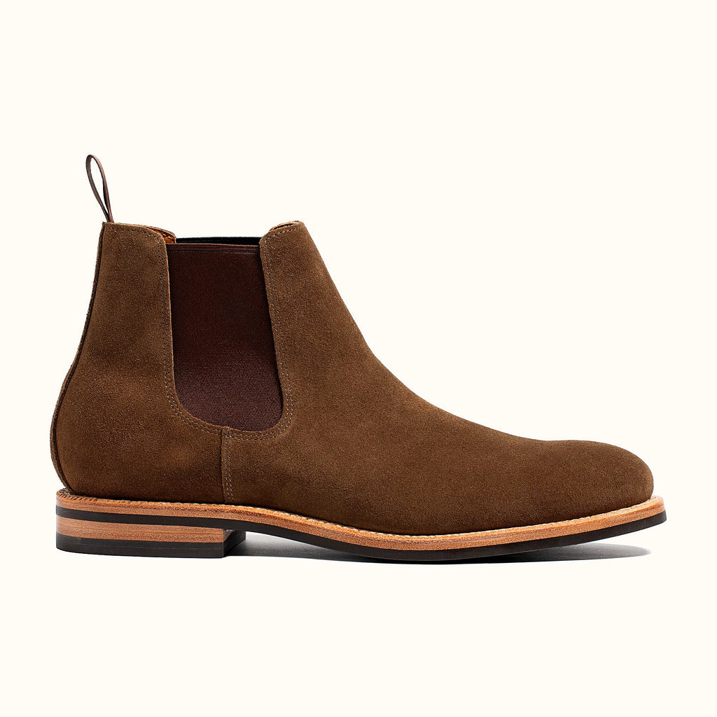 Husk Repello suede boot on a micro stud rubber outsole, cork filler over a steel shank