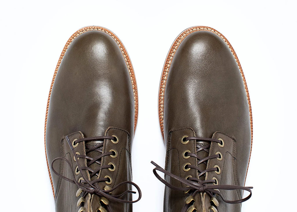 lace-to-toe boot in Jungle vegetable-tanned kangaroo with antique brass eyelets and speed hooks