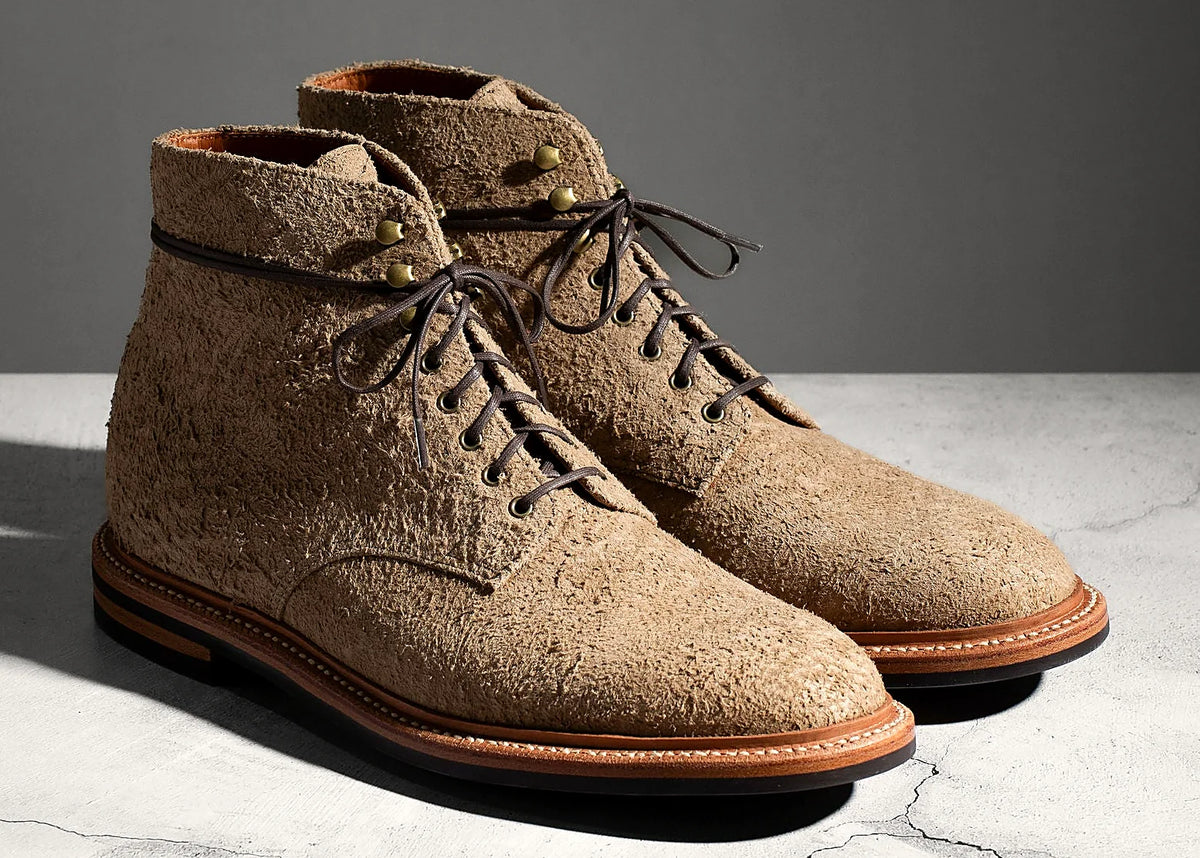 service boot in Milkshake rough suede with antique brass eyelets and speed hooks