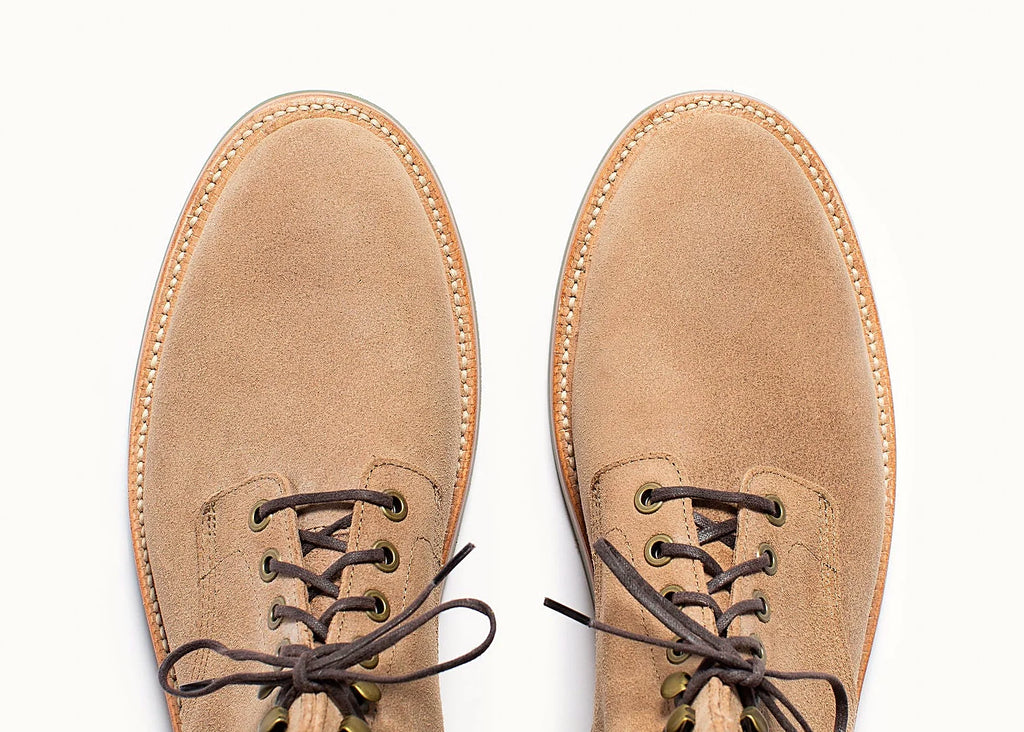 Goodyear welted field boot in Natural roughout Chromexcel, full-grain leather heel counters