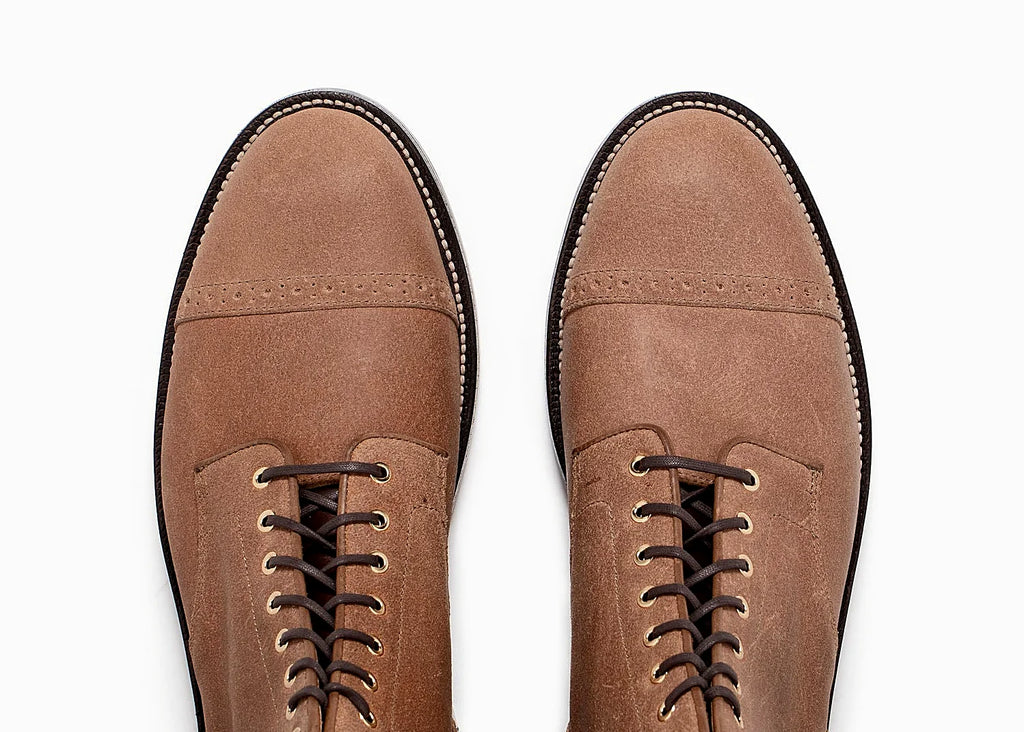 Natural perforated cap toe service boot in Waxed Commander, set on a 270 flat welt with heel rand