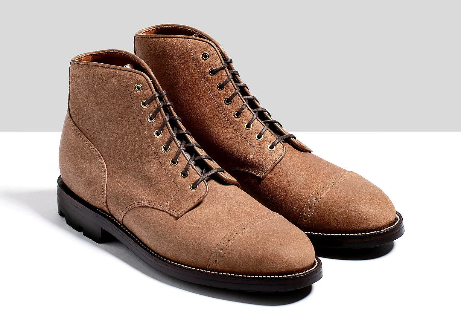 Goodyear welted perforated cap toe service boot in Natural Waxed Commander, full-grain leather heel counters
