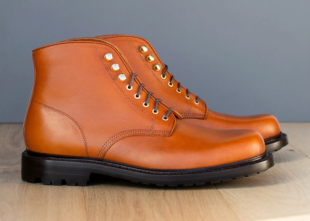 Goodyear welted plain toe boot in Saddle tan Minerva, full-grain leather heel counters