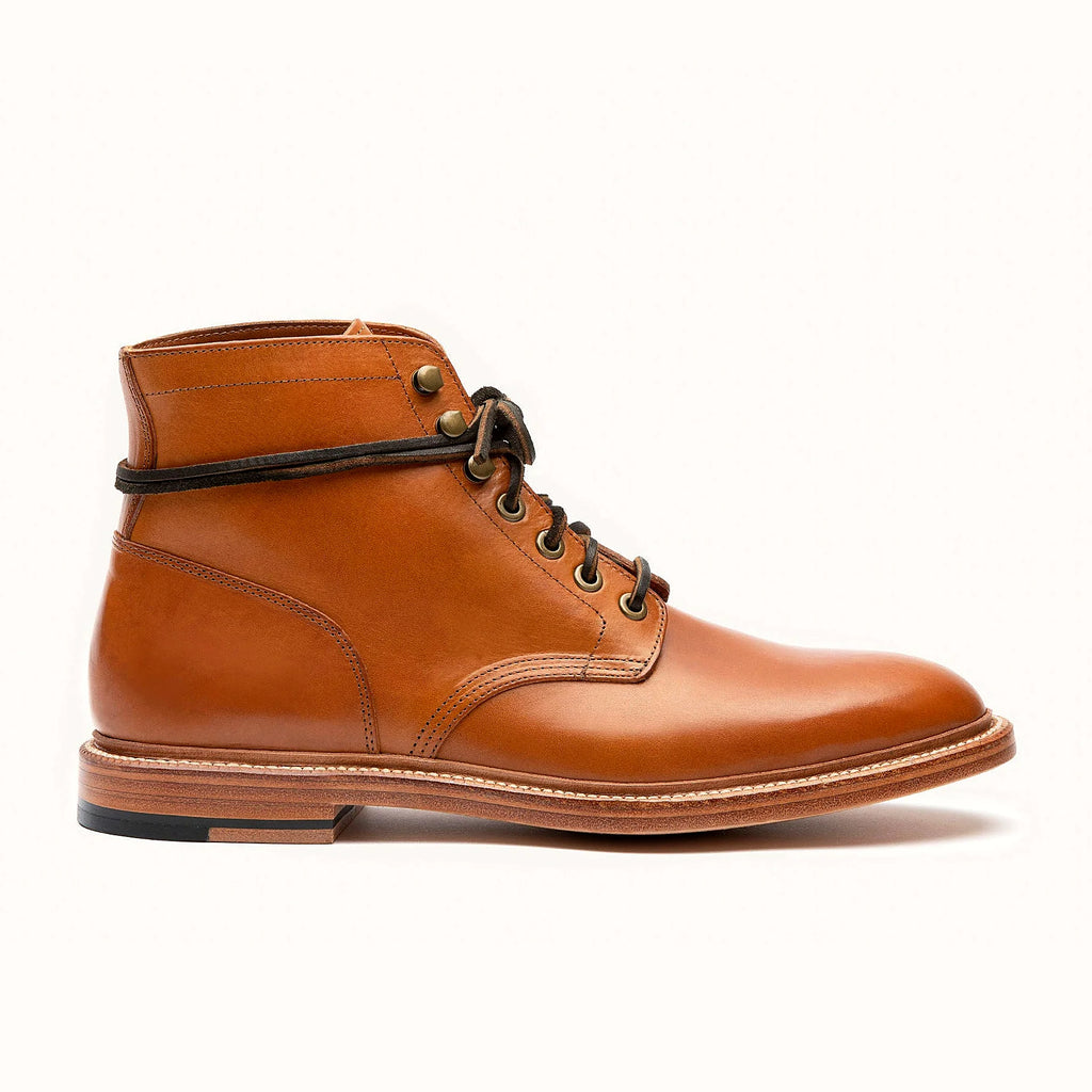 Goodyear welted plain toe boot in Saddle tan Minerva, full-grain leather heel counters