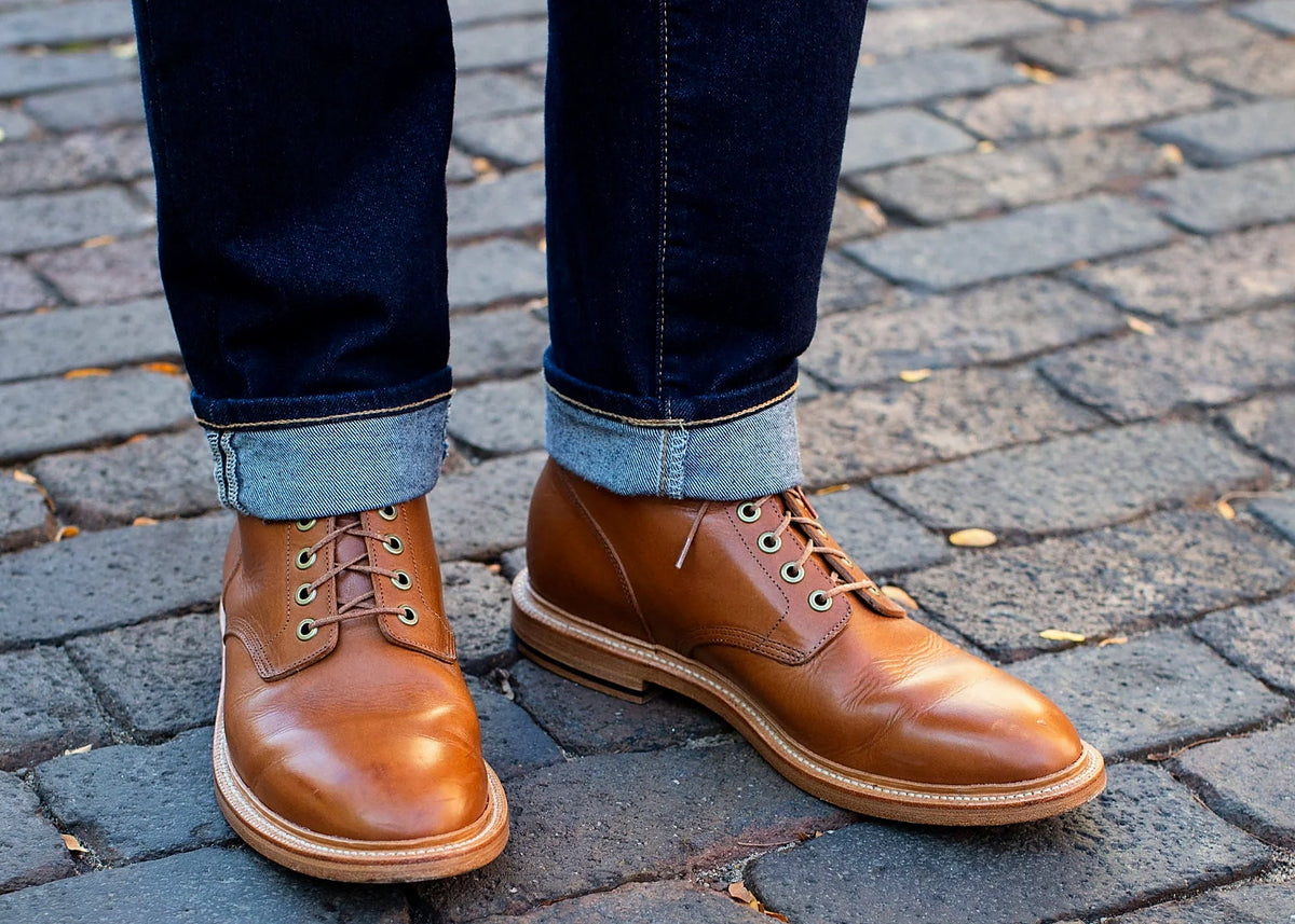 Saddle tan Minerva boot on a vegetable-tanned leather outsole, cork filler over a steel shank