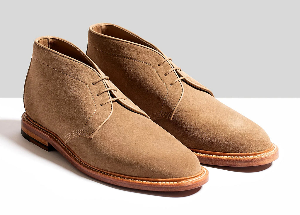 Goodyear welted unlined chukka boot in Sand Janus Butt suede, full-grain leather heel counters