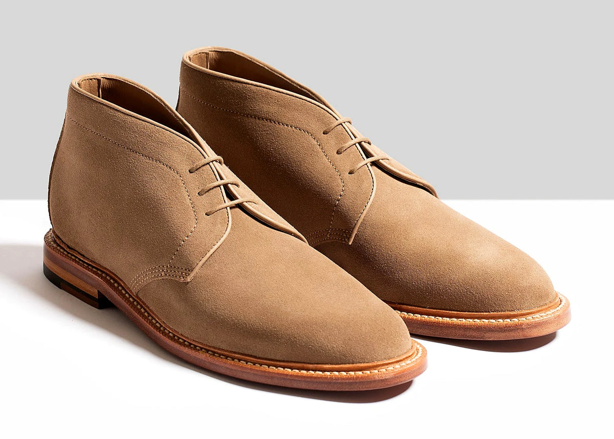 Goodyear welted unlined chukka boot in Sand Janus Butt suede, full-grain leather heel counters