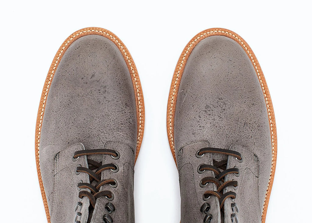 Storm grey Waxed Kudu boot on a leather outsole, cork filler over a steel shank