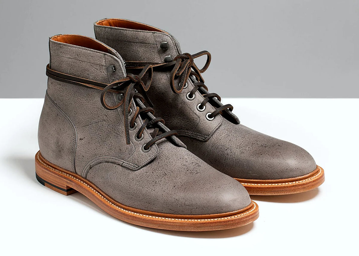 lace-to-toe boot in Storm grey Waxed Kudu with gunmetal eyelets and speed hooks