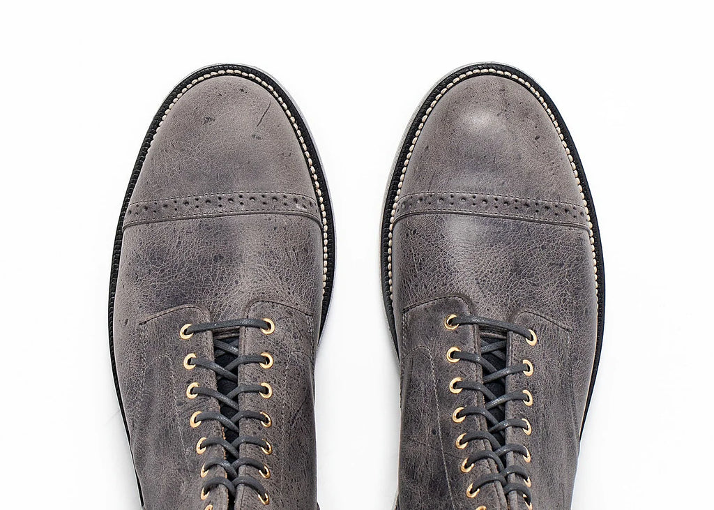Waxed Kudu perforated cap toe service boot in Storm grey, vegetable-tanned insole, welt and midsole