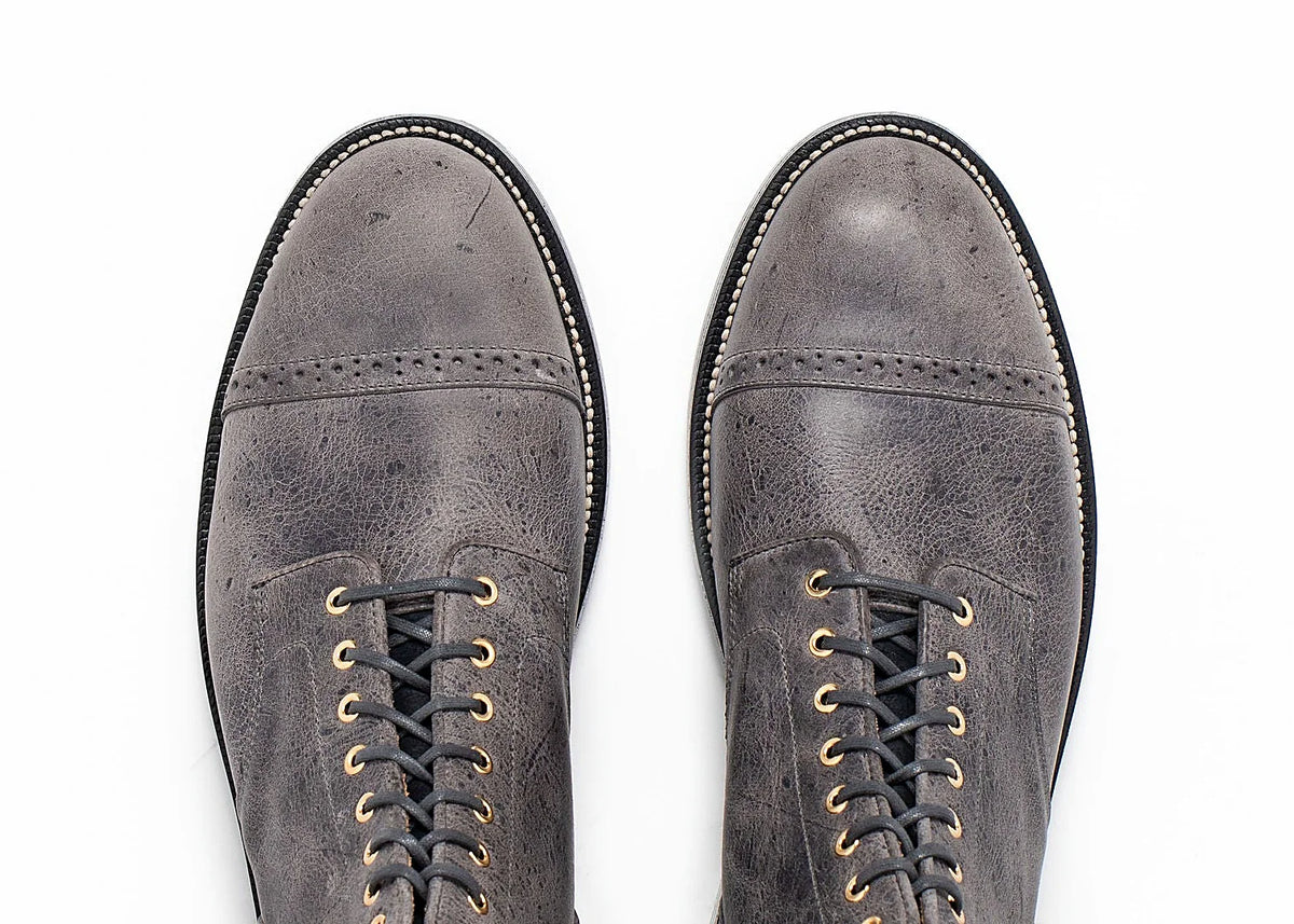 Waxed Kudu perforated cap toe service boot in Storm grey, vegetable-tanned insole, welt and midsole