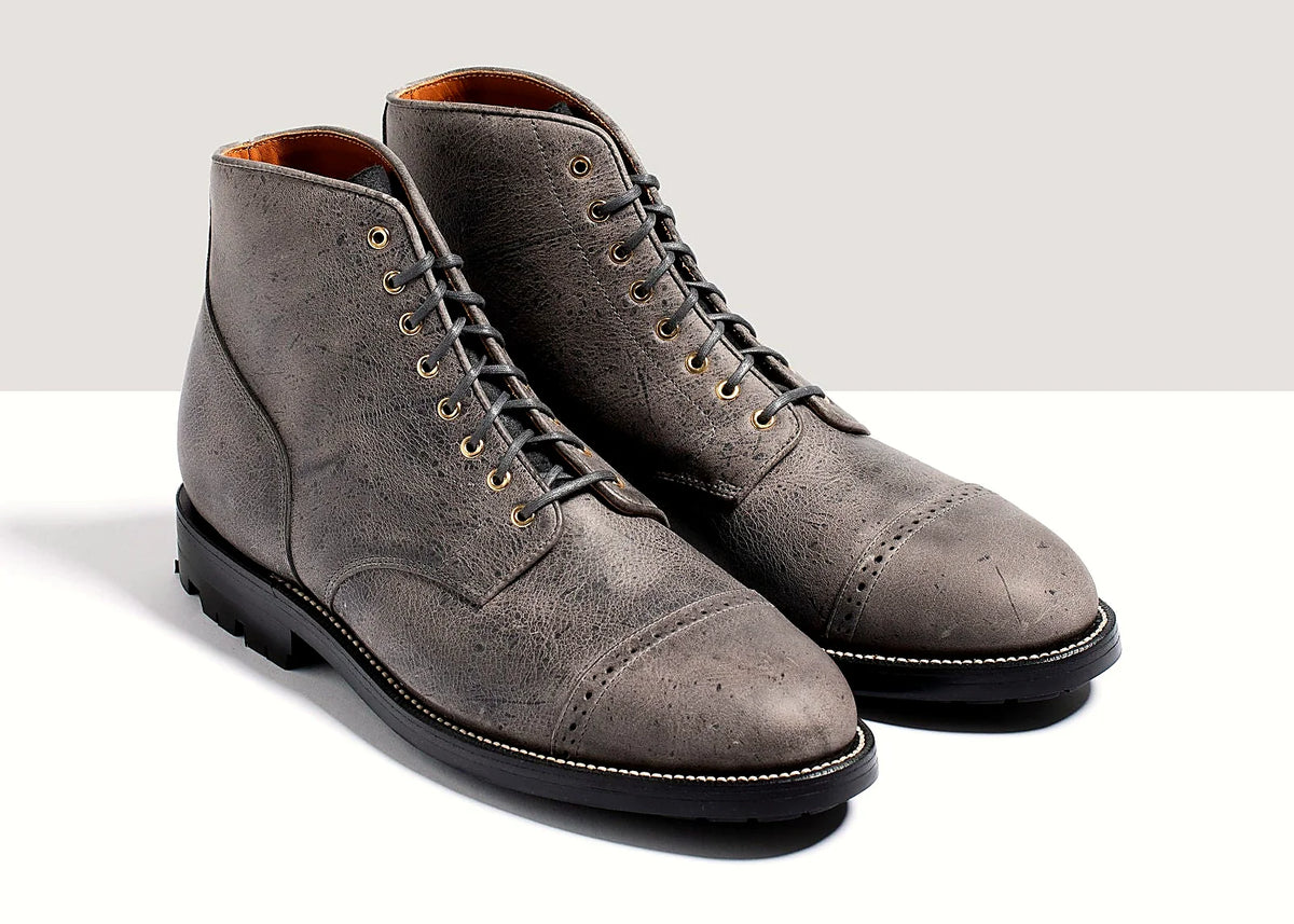 Storm grey Waxed Kudu boot on a lug rubber outsole, cork filler over a steel shank