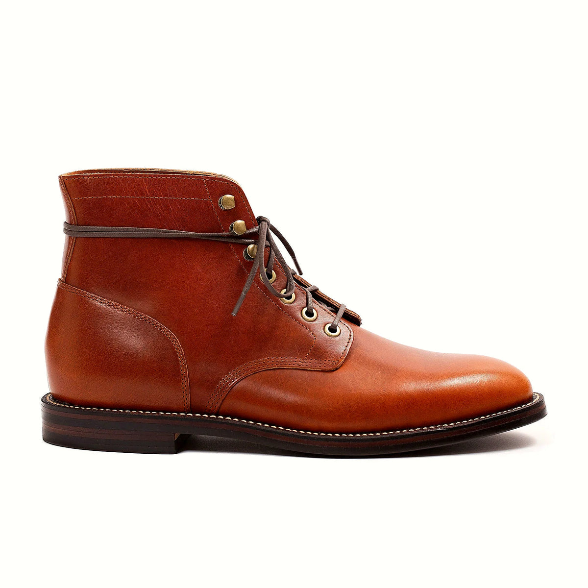 plain toe boot in Tan Brooklyn Calf with antique brass eyelets and speed hooks