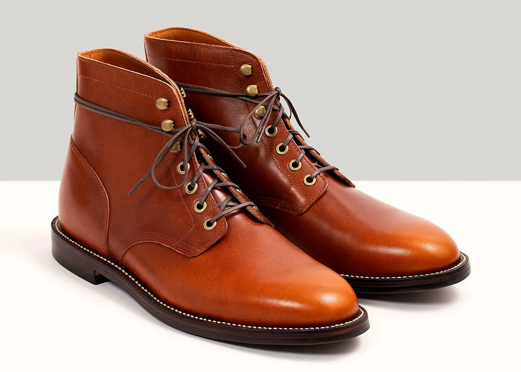 Tan Brooklyn Calf plain toe boot with antique brass eyelets and speed hooks
