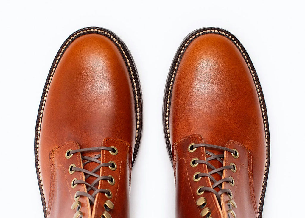 Tan plain toe boot in Brooklyn Calf, set on a micro stud rubber outsole