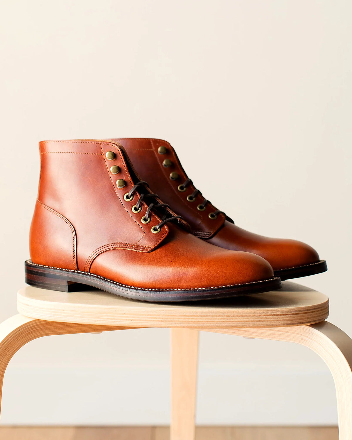 Goodyear welted plain toe boot in Tan Brooklyn Calf, full-grain leather heel counters