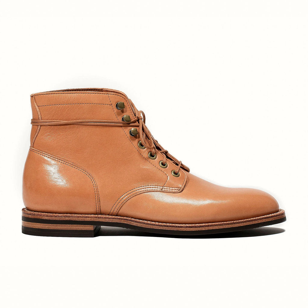 Tan plain toe boot in Essex, set on a micro stud rubber outsole