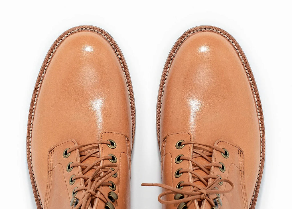 Goodyear welted plain toe boot in Tan Essex, full-grain leather heel counters