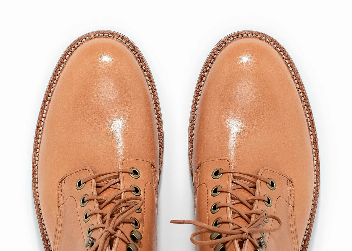 Goodyear welted plain toe boot in Tan Essex, full-grain leather heel counters
