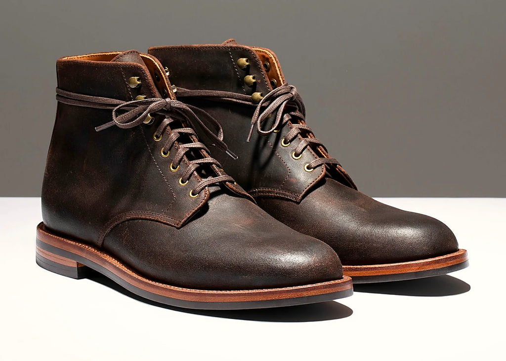 Tobacco Waxed Commander boot on a micro stud rubber outsole, cork filler over a steel shank