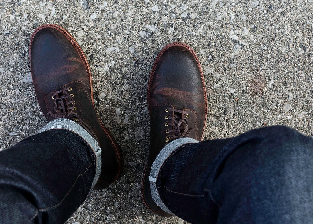 service boot in Tobacco Waxed Commander with antique brass eyelets and speed hooks