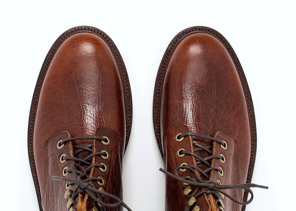 Walnut American Bison boot on a lug rubber outsole, cork filler over a steel shank