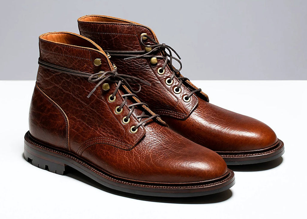 lace-to-toe boot in Walnut American Bison with antique brass eyelets and speed hooks