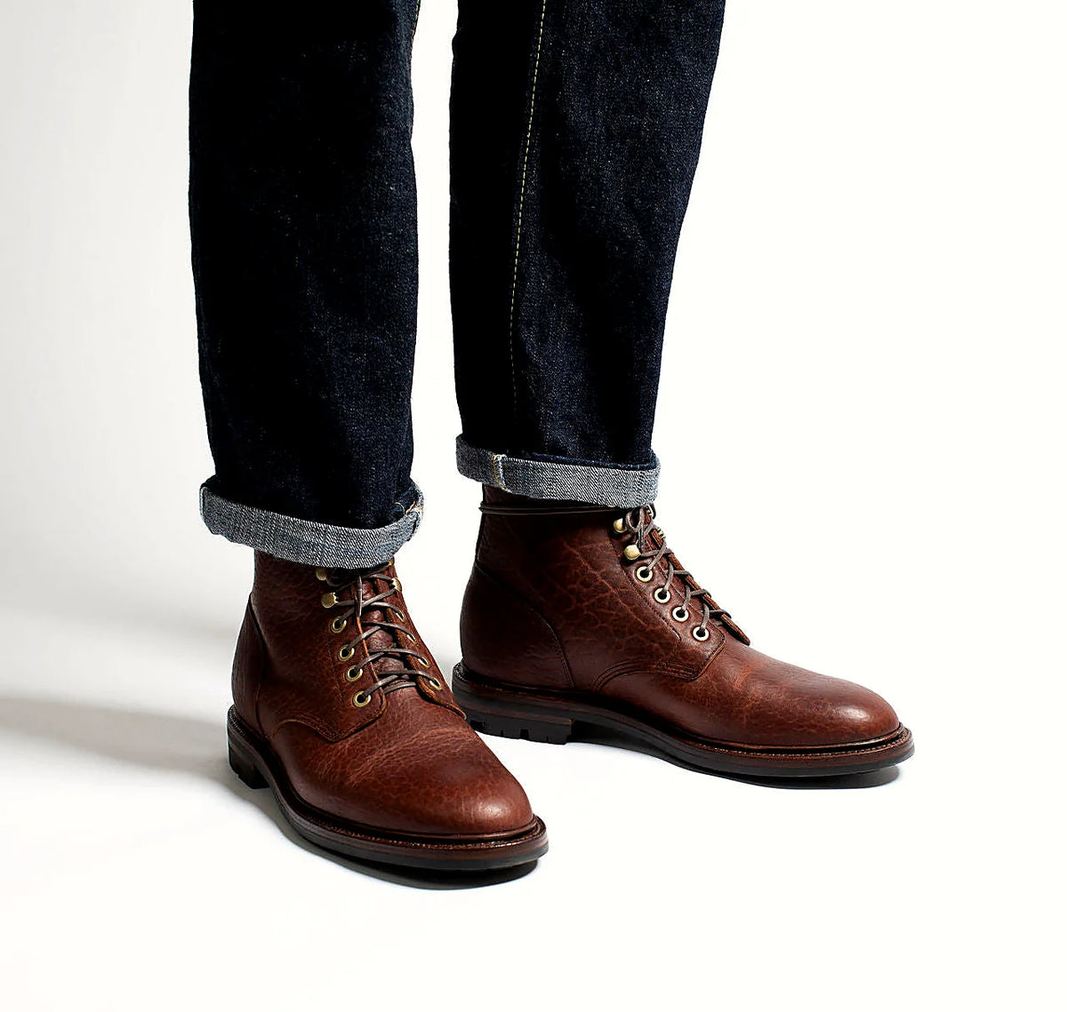 Walnut American Bison lace-to-toe boot with antique brass eyelets and speed hooks